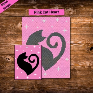 May include: A pink crochet pattern with a black cat silhouette in the shape of a heart. The pattern is surrounded by white stars. The text "Pink Cat Heart" is at the top of the image.