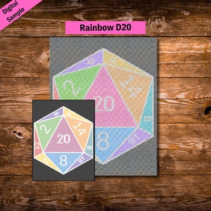 May include: A rainbow colored twenty-sided die, also known as a D20, is shown on a gray background. The die is a popular item used in tabletop role-playing games.