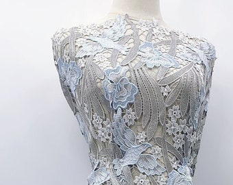 Guipure Lace Fabric - Grey/Blue Floral and Birds Polyester Embroidered Fabric by The Yard - Fabric Supplier - Sewing Fabric - SS211225-EMB07