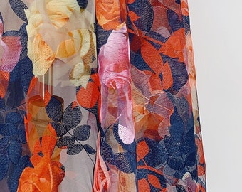 CLEARANCE - Red Rosy Digital Print and Embroidery on Nylon Mesh - Lightweight Tulle Fabric by The Yard - Dress Lace Sewing - SS190821-EMB22