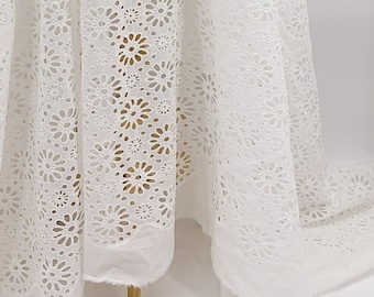 Ivory White Embroideried Stripe Floral Eyelet Fabrics by The Yard - 100% Cotton Voile Fabric - Bridal Lace Fabric Supplier - SS211225-EMB20