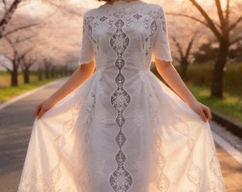 Laser-cut Embroidery on Ivory White Cotton Voile - Bridal Lace Fabric by The Yard - Wedding Dress Material - Apparel Fabric - SS250108-EMB11