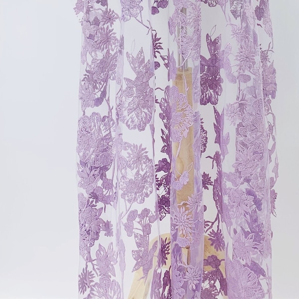 Lavender Floral Embroidered Mesh - Wholesale Purple Lace Fabric Yard - Solid Color Fabric - Lightweight Apparel Fabrics - SS211109-EMB44