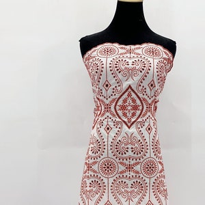Red/White Vintage Style Floral Cotton Eyelet Lace Fabric with Scalloped Edges for Women Dress - Sewing Fabrics by The Yard - SS200519-EMB04