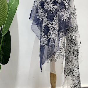 Leaves Embroidery on White/Blue Nylon Organza - Lightweight Tulle Lace Fabric by The Yard - Wholesale Fabric for Sewing - SS210310-EMB11