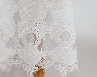 CLEARANCE - Ivory White Border Embroidery Fabric by The Yard - Cotton Voile & Nylon Organza - Bridal Fabric - Wedding Dress Lace