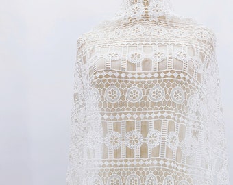 Ivory White Polyester Embroidered Fabric by The Yard - Guipure Mesh Lace Fabric - Lightweight Fabric - Simple Crochet Lace - SS210929-EMB03