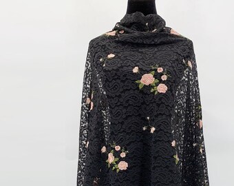Black Mesh Lace With Floral Embroidery - Polyester Vintage Lace Fabric by The Yard - Dress Craft - Wholesale Retail Fabric - SS221109-EMB13B