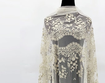 Gold Mesh Lace Fabric - Vintage Lace - Floral Embroidered Mesh with Scalloped Edge - Lightweight Fabric by The Yard - SS220831-EMB22