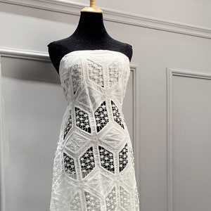 Geometric Laser-Cut Cord Embroidered Lace Fabric for Dress Making, Sewing - Ivory White Cotton Voile Fabric by The Yard - SS230526-EMB18