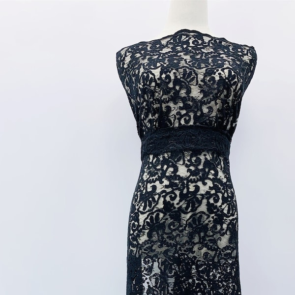 Liquidations - Broderie florale noire sur dentelle tricotée avec bords festonnés - Tissu guipure par mètre - Tissu léger - SS211109-EMB34