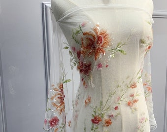 Unique Floral Digital Print Sequin Embroidered Tulle Fabric by The Yard - Purple/Orange Polyester Mesh Lace Fabric for Dress - SS230615-SQ17