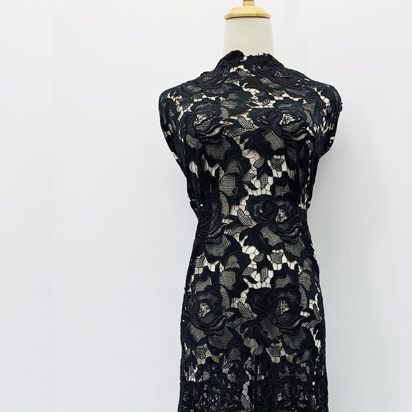 CLEARANCE - Black  Floral Guipure Embroidered Lace Fabric by The Yard - Apparel Fabric on Sale - Evening Dress Vintage Lace - SS211109-EMB12