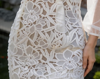 CLEARANCE - Ivory White Polyester Floral Guipure Embroidery Fabric by The Yard - French Wedding Lace - Bridal Dress Fabric - SS211109-EMB09