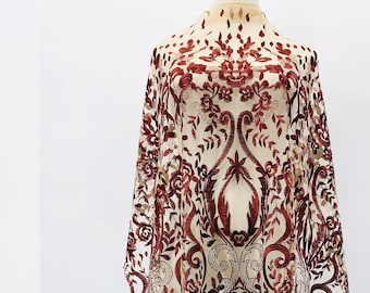 Vintage Lace - Baroque Pattern Embroidered Mesh with Scalloped Edge - Burgundy Red Lightweight Sewing Fabric by The Yard - SS211109-EMB36