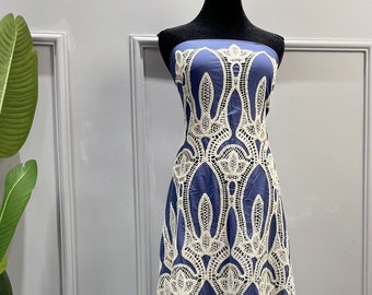 Corded Embroidery on Blue Cotton Voile Fabric - Embroidered Fabric by The Yard - Dress Sewing Fabric - Upholstery Fabric - SS230825-EMB010