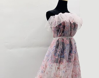 Pink Floral Embroidered Tulle with Scalloped Edges - Wholesale Mesh Lace Fabric by The Yard - Lightweight Apparel Fabrics - SS230204-EMB05