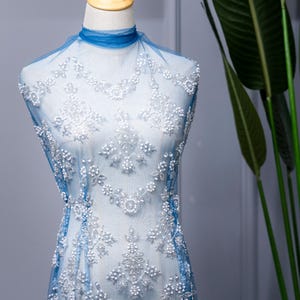 Blue Floral Sequined & Beaded Mesh Lace Fabric by The Yard - Embroidered Tulle Fabric for Party Dress Sewing -Apparel Fabric - SS241025-SQ09