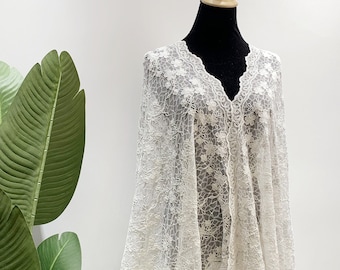 Off White Scalloped Tulle Embroidery Lace Fabric by The Yard - Sheer Mesh Fabric for Gown - Wedding Fabric for Bridal Veil - SS170825-EMB07