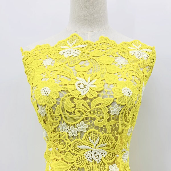 CLEARANCE - Machine Embroidery Fabric - Yellow/White Polyester Floral Guipure Lace Fabrics - Sewing Fabric - Apparel Fabric - SS211109-EMB17