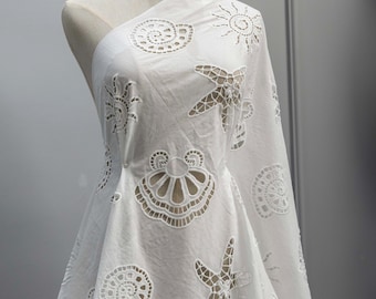 Ivory White Laser Cut Cotton Voile Fabric with Sea Motif Embroidery, Lightweight Summer Dress & Resort Wear Fabric by Yard - SS250625-EMB06