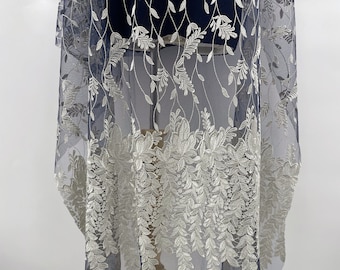CLEARANCE - Unique Scalloped Edge - Silver Leaf Embroidery on Navy Tulle for Dress - Gown Lace Fabric - Sheer Mesh Fabric - SS200407-EMB08