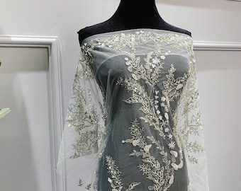 Maille brodée pailletée feuilles vert olive par mètre - Tissu perlé floral pour robe de mariée - Robe de mariée en tulle et dentelle - SS230615-SQ15