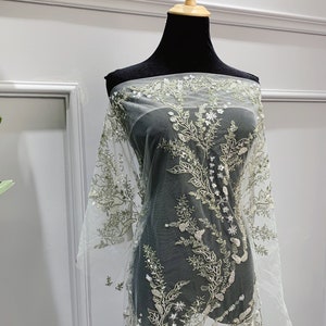 Olivgrün Blätter Pailletten Stickerei Mesh Schüttgut - Perlen Blumen Brautkleid Kleiderstoff - Hochzeitskleid Tüllspitze - SS230615-SQ15