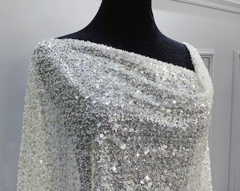 Ivory White Sequin Embroidered Mesh by The Yard - Heavy Beaded Wedding Prom Formal Lace Fabric - Bridal Tulle Net Fabric - SS230615-SQ07