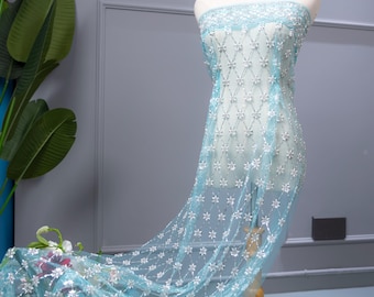 Blue Floral Sequined & Beaded Mesh Lace Fabric by The Yard - Embroidered Tulle Fabric for Party Dress Sewing -Apparel Fabric - SS241025-SQ06