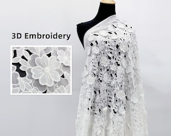 Ivory White 3D Floral Embroidered Fabric by The Yard - Bridal Fabric Manufacturer - White Lace Fabirc - Evening Dress Lace - SS190827-EMB25