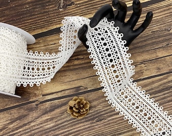 Ivoey White Embroidered Ladder Lace Trim for Cushions, Edging Dresses - Pillow Curtain Trim - Border Trimming -7.2CM Width - SS200328-LACE21