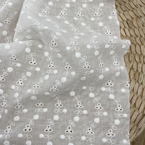 Eyelet Embroidery on Ivory White Cotton Voile Fabric - Embroidered Fabrics by The Yard - Dress Sewing Lace - Curtain Fabric - SS231030-EMB01