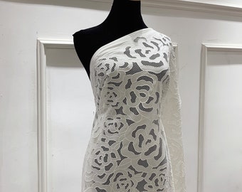 高品質レーザーカット花柄刺繍ブライダル生地（1ヤードあたり） - アイボリーホワイト縫製生地 - ウェディングドレス製作用クラフト - SS230519-EMB01