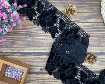 Schwarze Samt-Blumenborte lose Lagerware - Guipure-Spitzenbesatz - Nähen und Basteln - Dekorationsborte -Schweizer Spitze-10 CM Breite -SS210913-LACE09