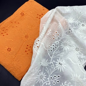 Orange/Ivory White Eyelet Embroidery on Cotton Voile - Sewing Crafts - Lightweight Dress Making Fabric - Children's Fabric - SS230315-EMB01