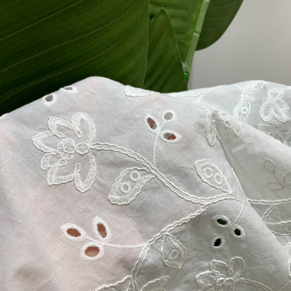 White Floral Cord Embroidery on Eyelet Cotton Voile - Bridal Fabric by The Yard - Girls' Dress Fabric - Quilting Fabric- SS220310-EMB05