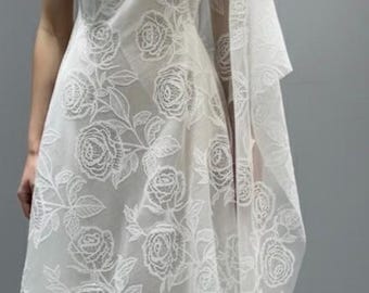 Ivory White Laser-Cut Rose Embroidery Fabric by the Yard – Bridal Lace for Dressmaking & Sewing – Sheer Floral Cutwork Lace – SS250603-EMB21