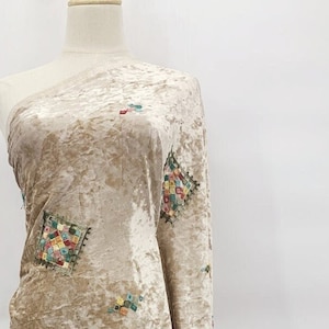 CLEARANCE - Gold Spandex Embroidered Fabric by The Yard - Embroidery on Stretch Knit Velvet - Novelty Fabric for Sewing - SS220531-EMB04