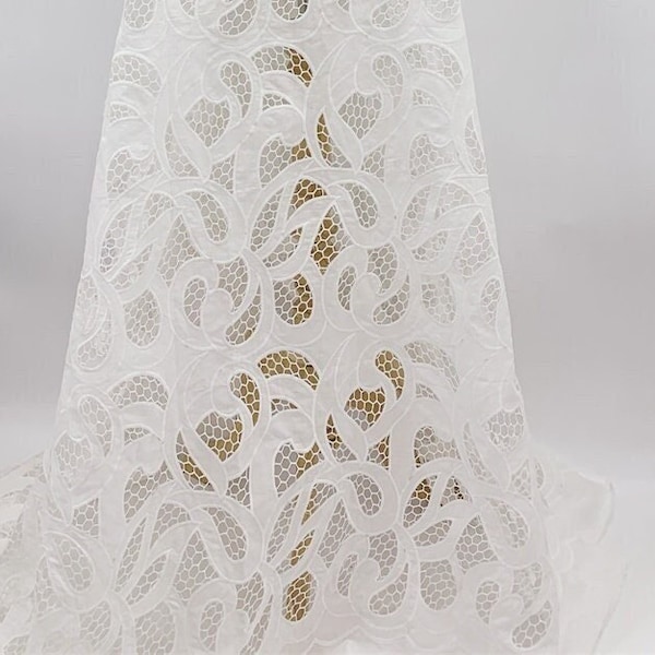 Low Cost Laser-cut Leaf Embroidery on White Cotton Voile - Embroidered Bridal Lace - White Sewing Fabric Yard - Dress Craft - SS220309-EMB08