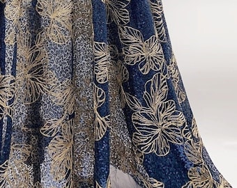 CLEARANCE - Gold Corded Embroidery on Blue Sequin Fabric - Floral Polyester Sequin Mesh Lace Fabric -Evening Dress Material - SS210817-SQ22B