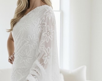 Ivory White Cotton Voile Eyelet Lace Fabric with Cord Embroidery - Natural Unbleached White Bridal Lace for Wedding Dress - SS250306-EMB08