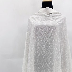 White Cotton Voile Allover Embroidered Fabrics by The Yard - Bridal Fabric Supplier - Wedding Dress Sewing Lace Fabric - SS210930-EMB11B-F