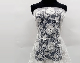 3D Flowers Nylon Organza - Wedding Lace Embroidered Fabric by The Yard - Ivory White Costume Fancy Dress Sewing Fabric - SS220831-EMB09
