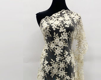 High Quality Beige Vintage Scalloped Floral Embroidery Tulle Lace Fabric for Wedding Dress -Evening Gown Fabric by The Yard - SS200902-EMB18