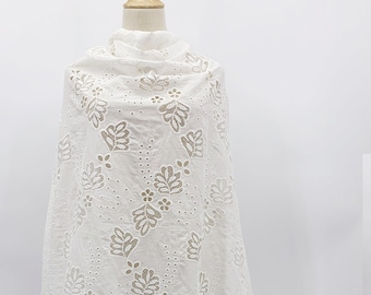 CLEARANCE - Low Cost Laser-cut Leaf Embroidery on White Cotton Voile - Wedding Dress Material - Apparel Fabric by The Yard - SS220309-EMB03