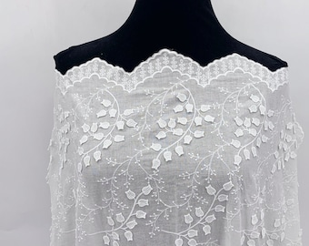 Wholesale Apparel Fabric - Ivory White 3D Floral Embroidered Cotton Voile Fabric for Dress - Scalloped Border Lace Fabric - SS220928-EMB01