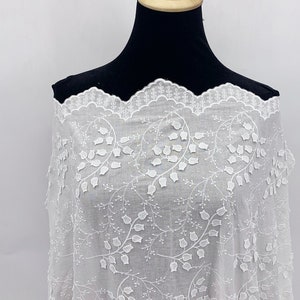 Wholesale Apparel Fabric - Ivory White 3D Floral Embroidered Cotton Voile Fabric for Dress - Scalloped Border Lace Fabric - SS220928-EMB01