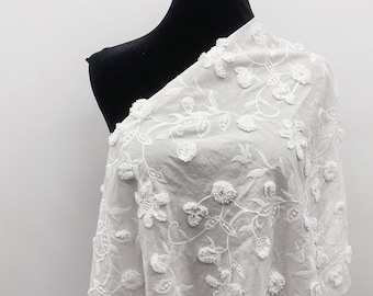 CLEARANCE - 3D Fringe Floral Embroidery on Cotton Voile - Embroidered Sewing Fabric by The Yard - Ivory White Dress Fabric - SS190914-EMB37