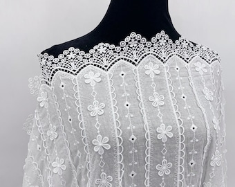 Ivory White 3D Floral Embroidered Cotton Voile for Wedding Dress - Scalloped Edge Bridal Gown Lace Fabric sold by The Yard - SS220928-EMB02